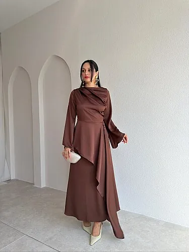  WİSTOR Saten Midi Elbise 4124 - Acı Kahve - Mooi Butik