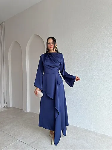 WİSTOR Saten Midi Elbise 4124 - Lacivert - Mooi Butik