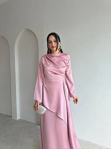 WİSTOR Saten Midi Elbise 4124 - Pembe - 2