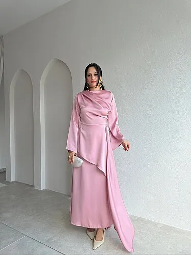 WİSTOR Saten Midi Elbise 4124 - Pembe - Mooi Butik