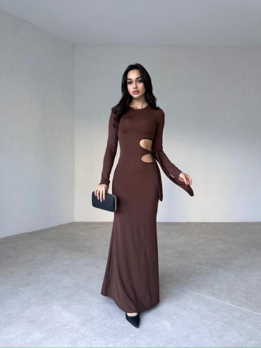 Yan Dekolteli Maxi BRANKA Elbise 3010 - Acı Kahve