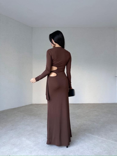 Yan Dekolteli Maxi BRANKA Elbise 3010 - Acı Kahve - 3