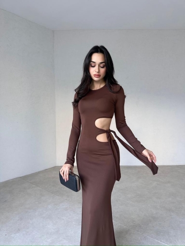 Yan Dekolteli Maxi BRANKA Elbise 3010 - Acı Kahve - 2