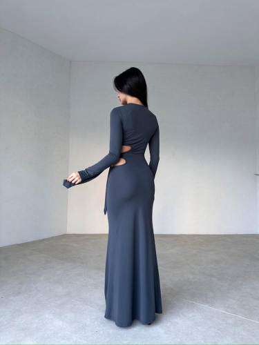 Yan Dekolteli Maxi BRANKA Elbise 3010 - Antrasit - 3