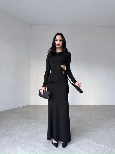 Yan Dekolteli Maxi BRANKA Elbise 3010 - Siyah 