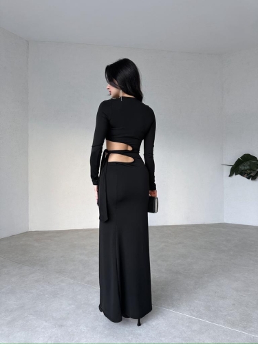 Yan Dekolteli Maxi BRANKA Elbise 3010 - Siyah - 3