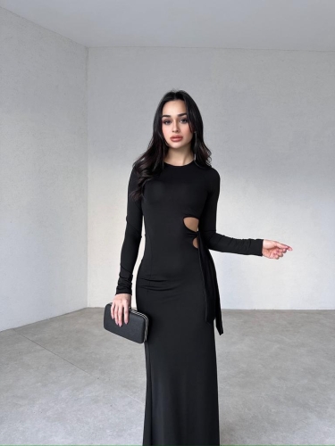 Yan Dekolteli Maxi BRANKA Elbise 3010 - Siyah - 2