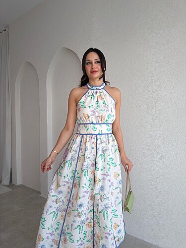ZAGREB Halter Yaka Midi Elbise 4047 - Mavi - 2