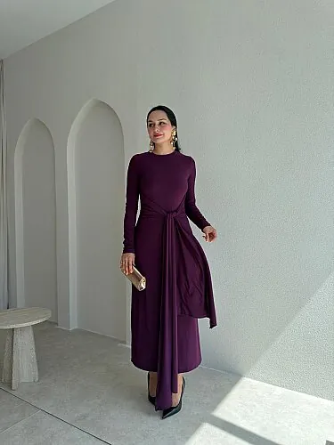 ZAİDA Bağlama Detaylı Midi Elbise 1133 - Mor - Mooi Butik