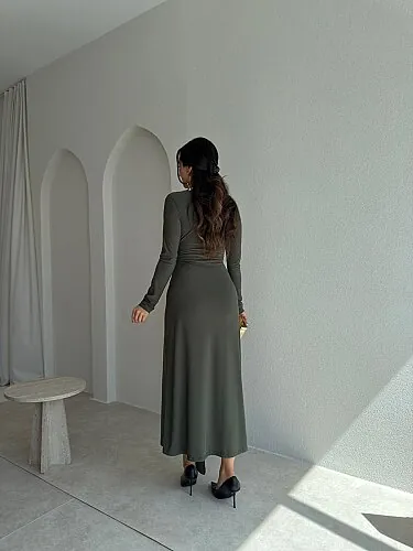 ZAİDA Bağlama Detaylı Midi Elbise 1133 - Haki - 3