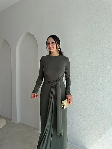 ZAİDA Bağlama Detaylı Midi Elbise 1133 - Haki - 2