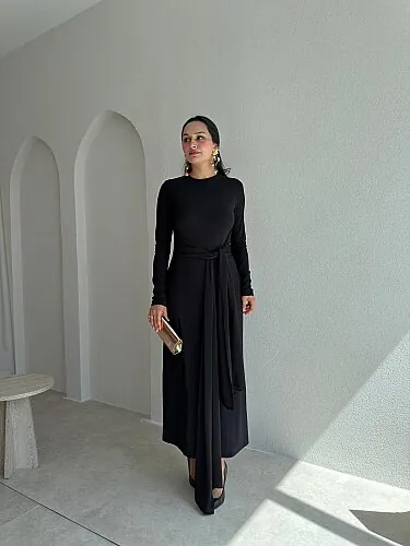 ZAİDA Bağlama Detaylı Midi Elbise 1133 - Siyah - Mooi Butik