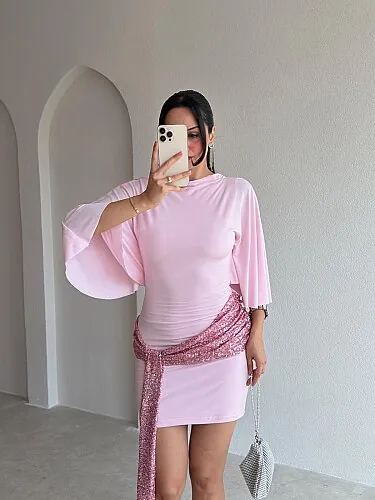 ZARİA Payet Detaylı Mini Elbise 5708 - Pembe - 2