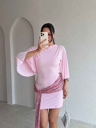 ZARİA Payet Detaylı Mini Elbise 5708 - Pembe - 2