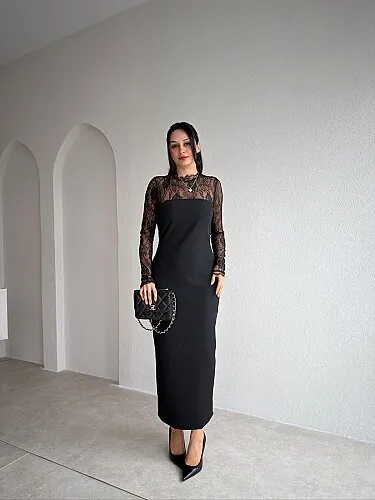 ZEST Dantel Detaylı Midi Elbise 8368 - Siyah - Mooi Butik