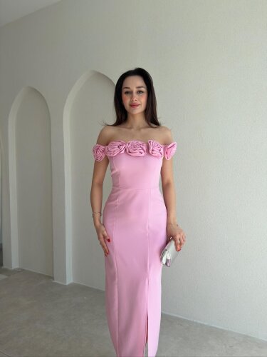 ZİLEY Gül Detaylı Midi Elbise 8117 - Pembe - 1