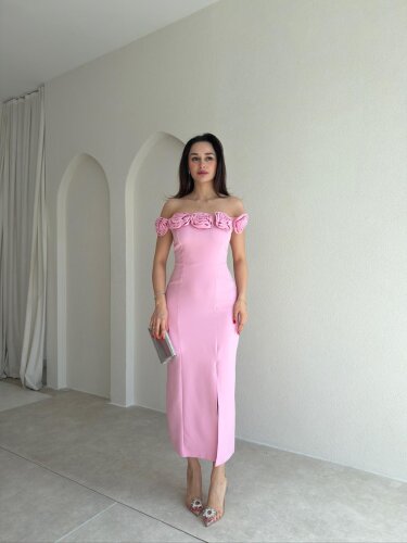 ZİLEY Gül Detaylı Midi Elbise 8117 - Pembe - 2