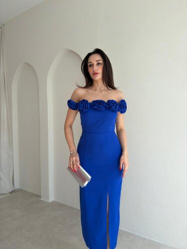ZİLEY Gül Detaylı Midi Elbise 8117 - Saks Mavisi