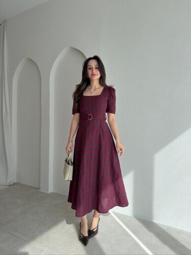 ZONA Ekoseli Midi Elbise 0483 - Bordo 