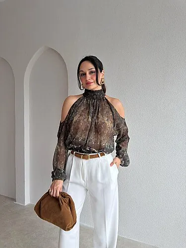 ZUZU Desenli Bluz 4101 - Haki - Mooi Butik